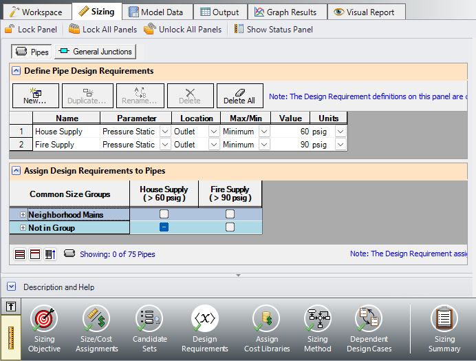 Design Requirements panel defined for the primary design case.